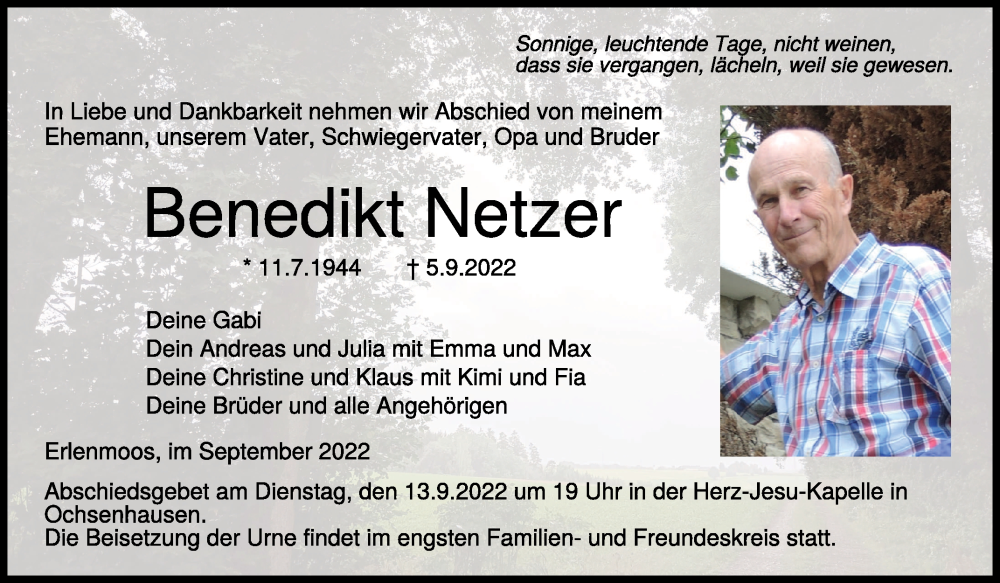  Traueranzeige für Benedikt Netzer vom 10.09.2022 aus Schwäbische Zeitung