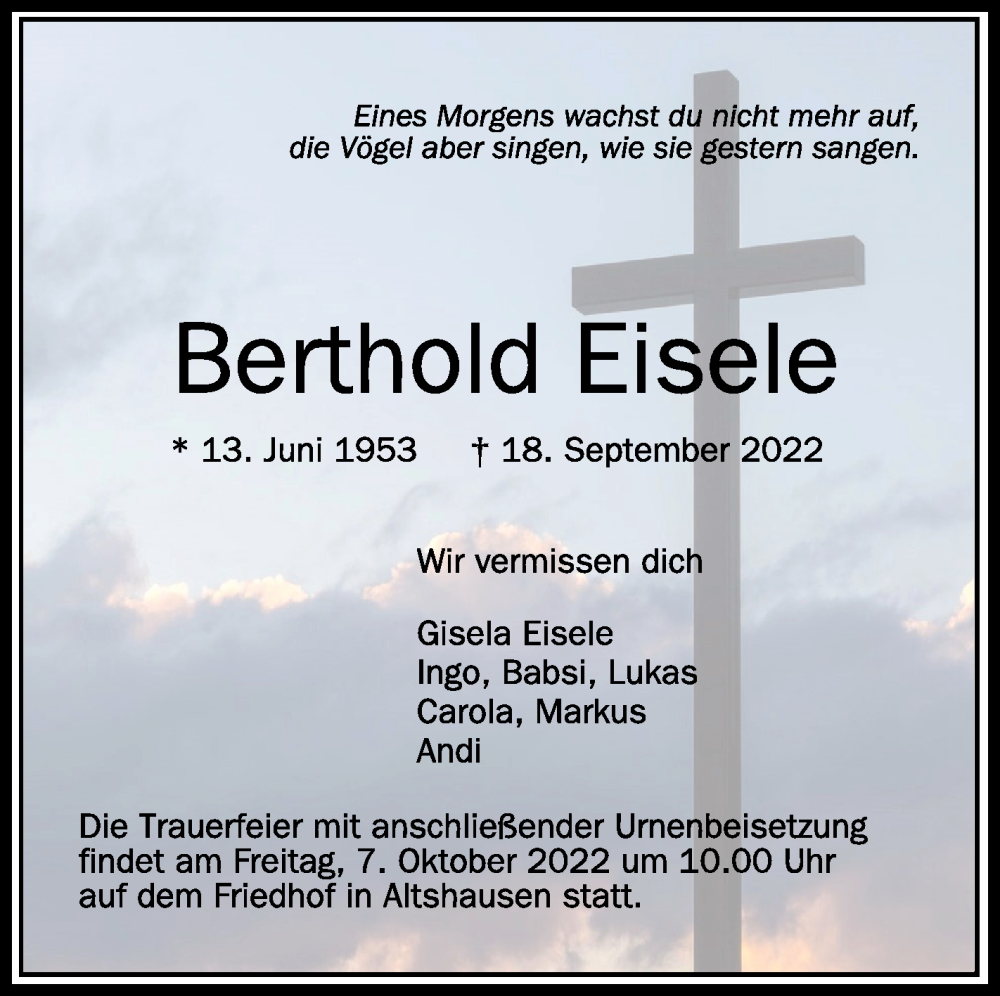  Traueranzeige für Berthold Eisele vom 24.09.2022 aus Schwäbische Zeitung