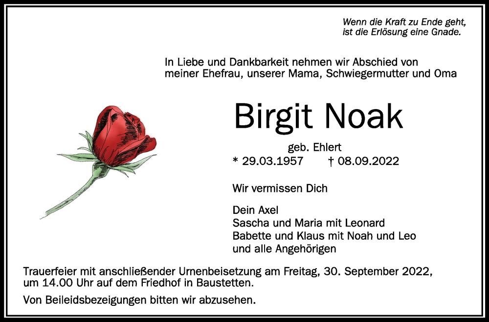  Traueranzeige für Birgit Noak vom 27.09.2022 aus Schwäbische Zeitung
