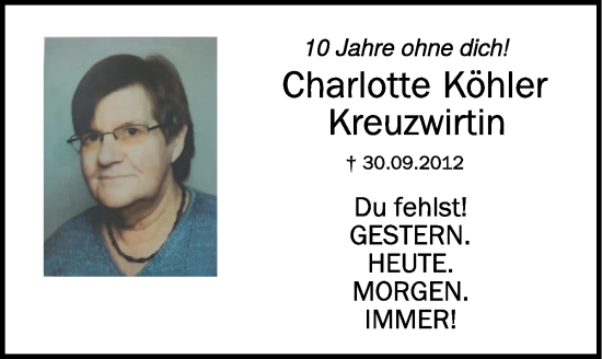 Anzeige von Charlotte Köhler von Schwäbische Zeitung