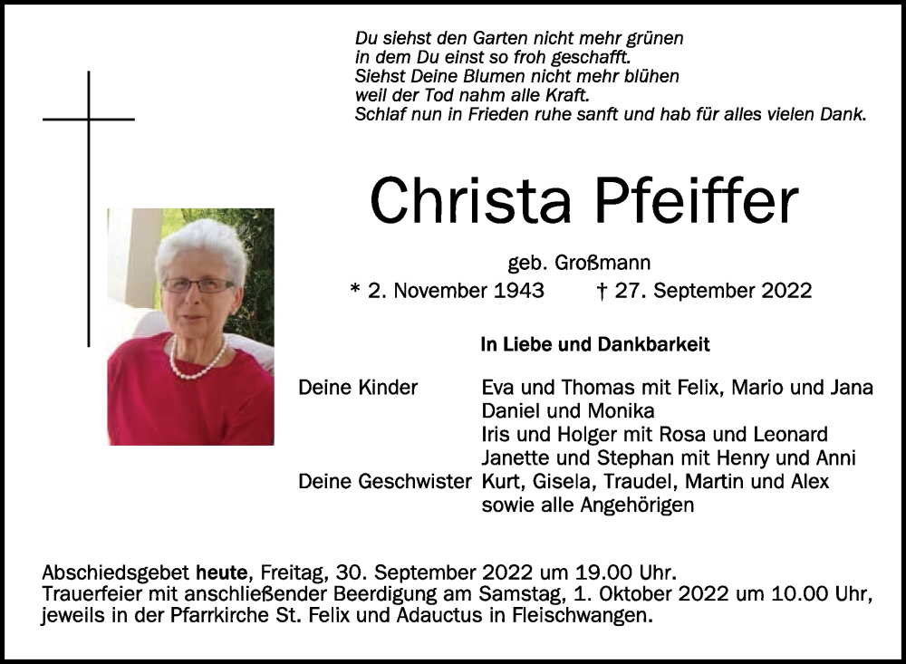  Traueranzeige für Christa Pfeiffer vom 30.09.2022 aus Schwäbische Zeitung