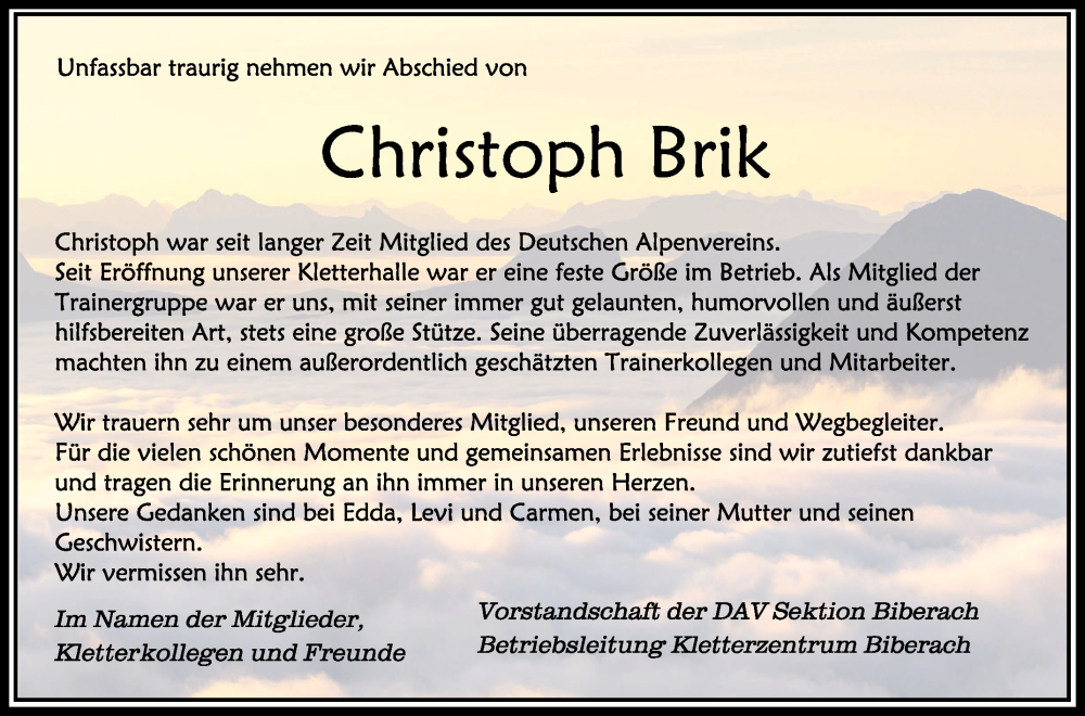  Traueranzeige für Christoph Brik vom 21.09.2022 aus Schwäbische Zeitung