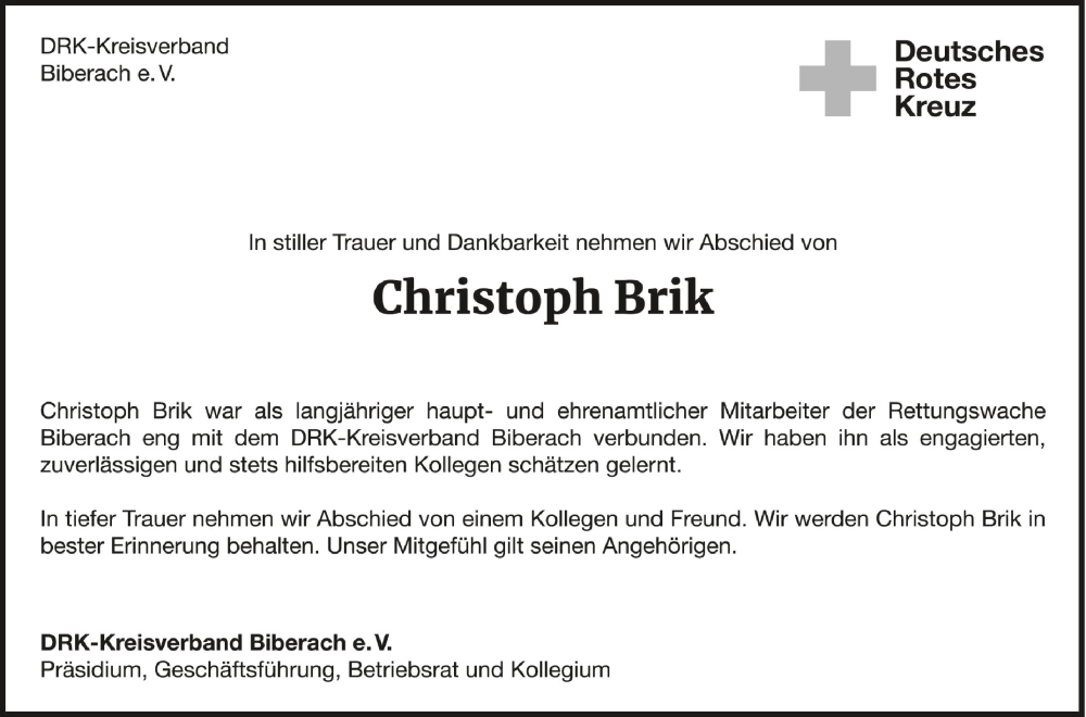  Traueranzeige für Christoph Brik vom 21.09.2022 aus Schwäbische Zeitung