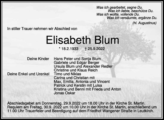 Anzeige von Elisabeth Blum von Schwäbische Zeitung
