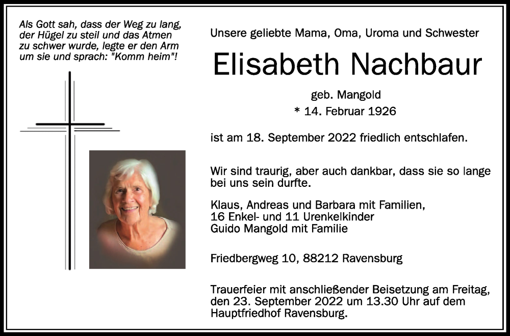  Traueranzeige für Elisabeth Nachbaur vom 21.09.2022 aus Schwäbische Zeitung