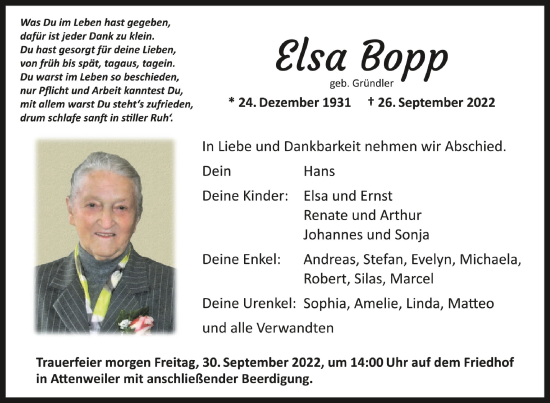 Anzeige von Elsa Bopp von Schwäbische Zeitung