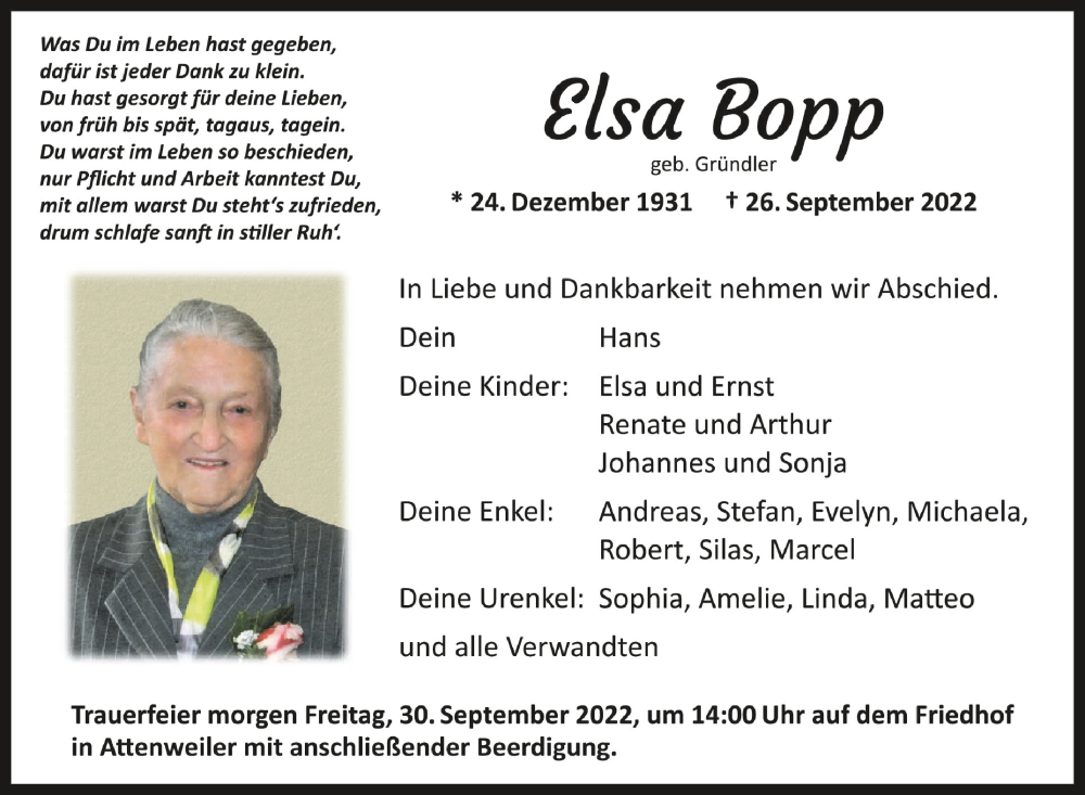  Traueranzeige für Elsa Bopp vom 29.09.2022 aus Schwäbische Zeitung
