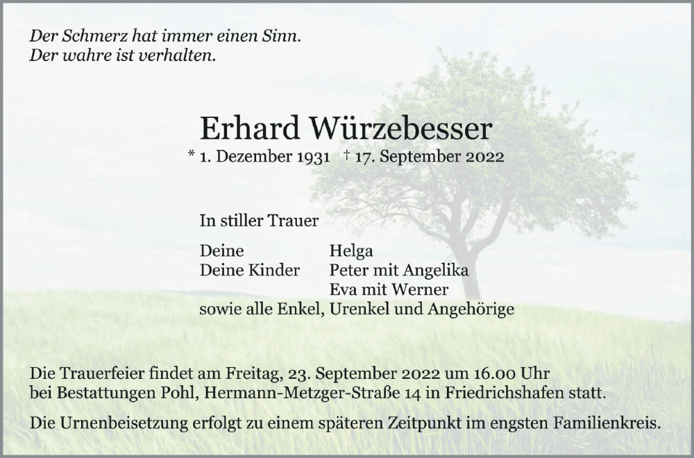 Traueranzeige für Erhard Würzebesser vom 21.09.2022 aus Schwäbische Zeitung