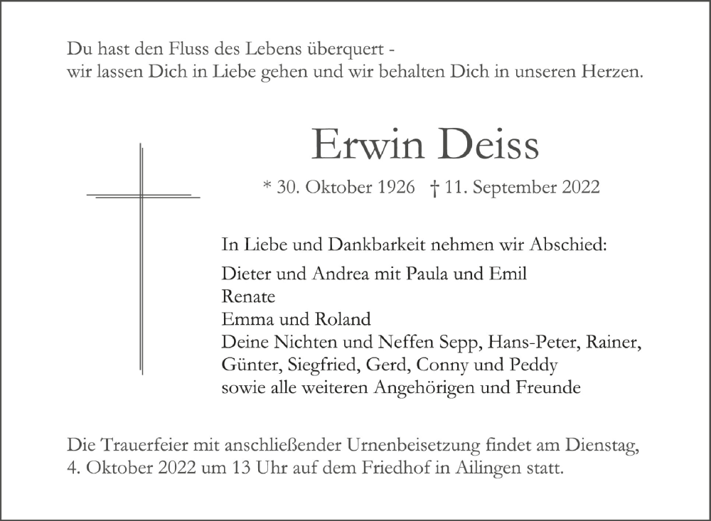  Traueranzeige für Erwin Deiss vom 24.09.2022 aus Schwäbische Zeitung