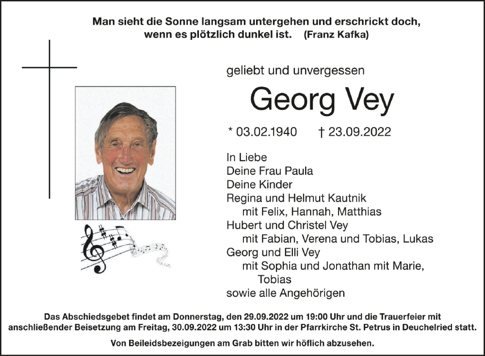  Traueranzeige für Georg Vey vom 27.09.2022 aus Schwäbische Zeitung