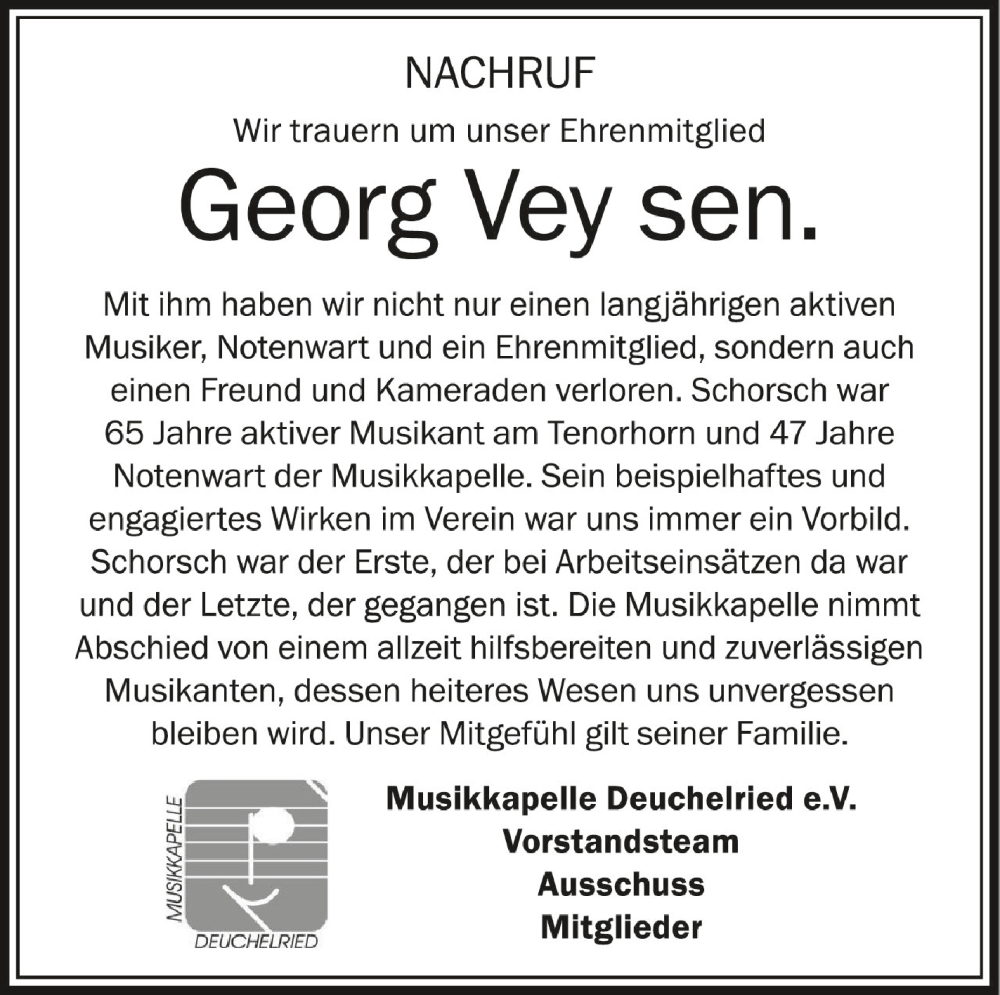  Traueranzeige für Georg Vey vom 27.09.2022 aus Schwäbische Zeitung