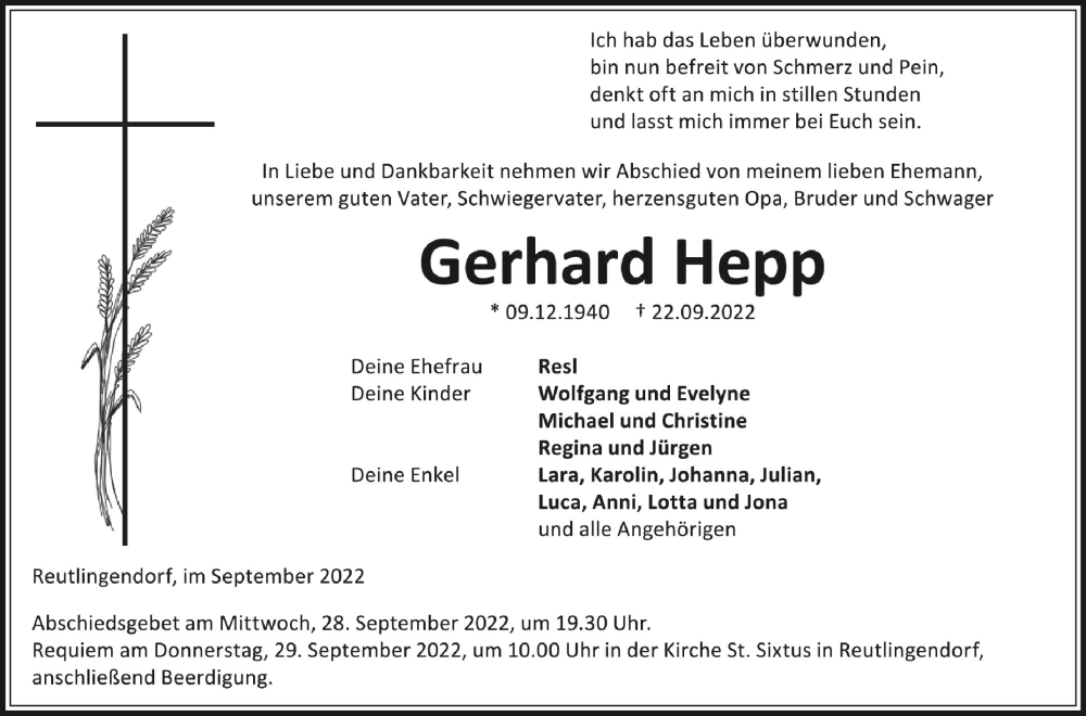  Traueranzeige für Gerhard Hepp vom 27.09.2022 aus Schwäbische Zeitung