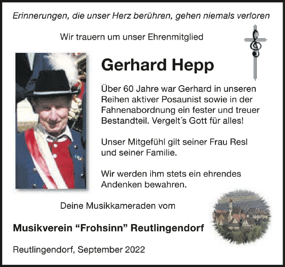  Traueranzeige für Gerhard Hepp vom 29.09.2022 aus Schwäbische Zeitung