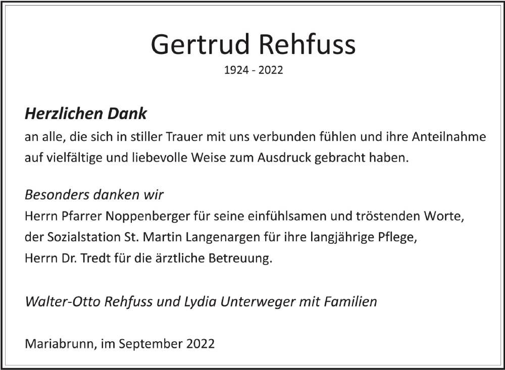  Traueranzeige für Gertrud Rehfuss vom 10.09.2022 aus Schwäbische Zeitung