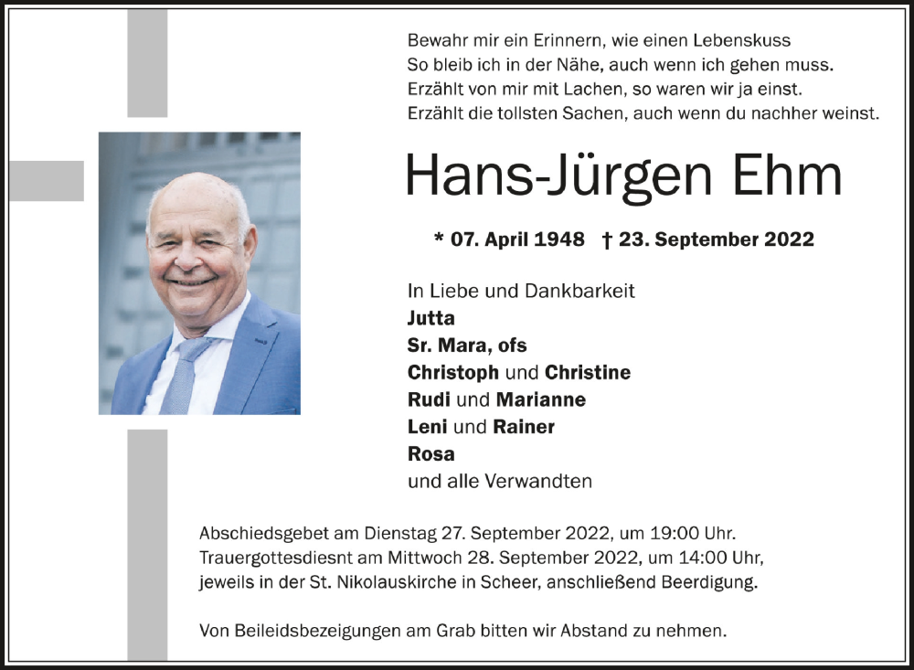  Traueranzeige für Hans-Jürgen Ehm vom 27.09.2022 aus Schwäbische Zeitung