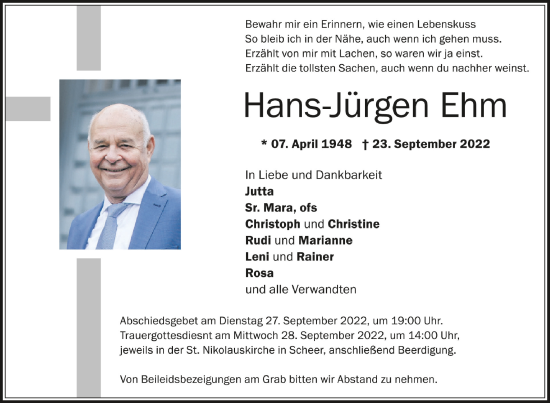 Anzeige von Hans-Jürgen Ehm von Schwäbische Zeitung