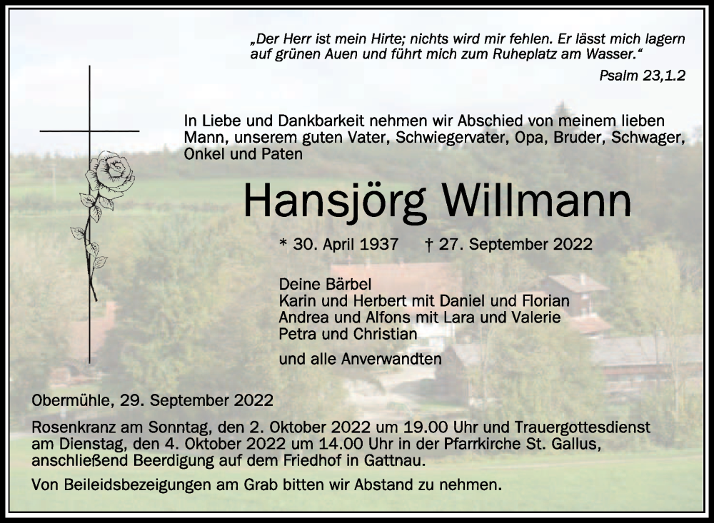  Traueranzeige für Hansjörg Willmann vom 29.09.2022 aus Schwäbische Zeitung