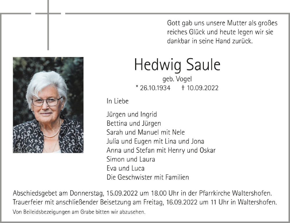  Traueranzeige für Hedwig Saule vom 14.09.2022 aus Schwäbische Zeitung