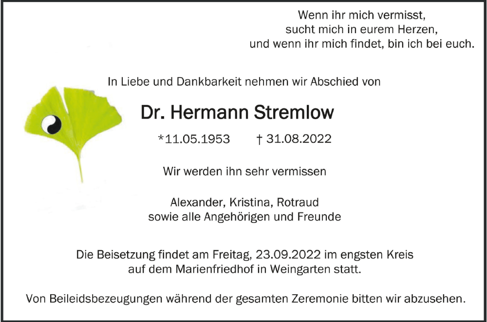  Traueranzeige für Hermann Stremlow vom 10.09.2022 aus Schwäbische Zeitung