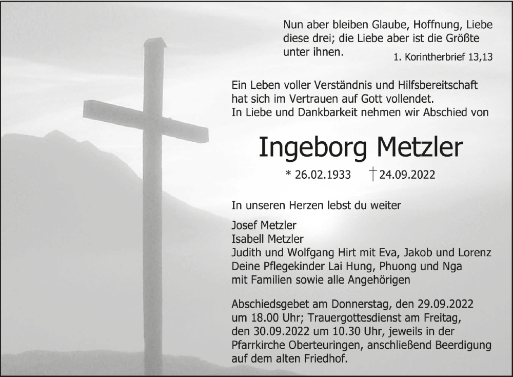  Traueranzeige für Ingeborg Metzler vom 27.09.2022 aus Schwäbische Zeitung