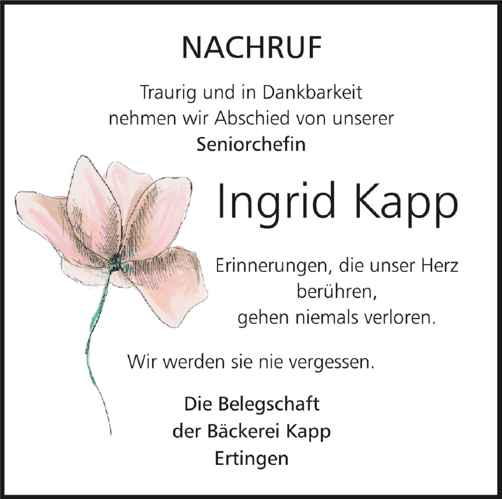  Traueranzeige für Ingrid Kapp vom 28.09.2022 aus Schwäbische Zeitung