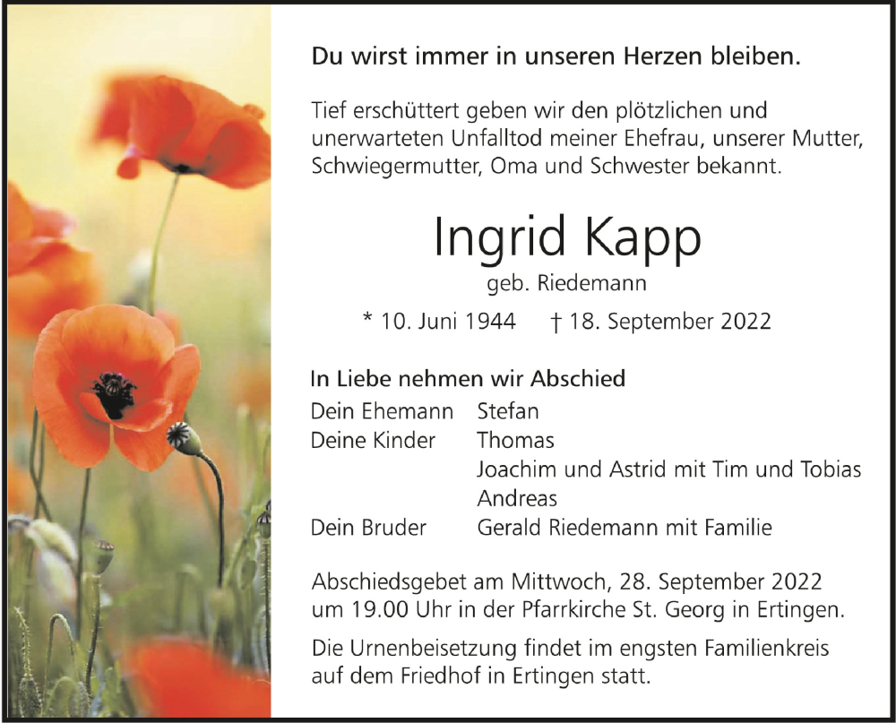  Traueranzeige für Ingrid Kapp vom 24.09.2022 aus Schwäbische Zeitung