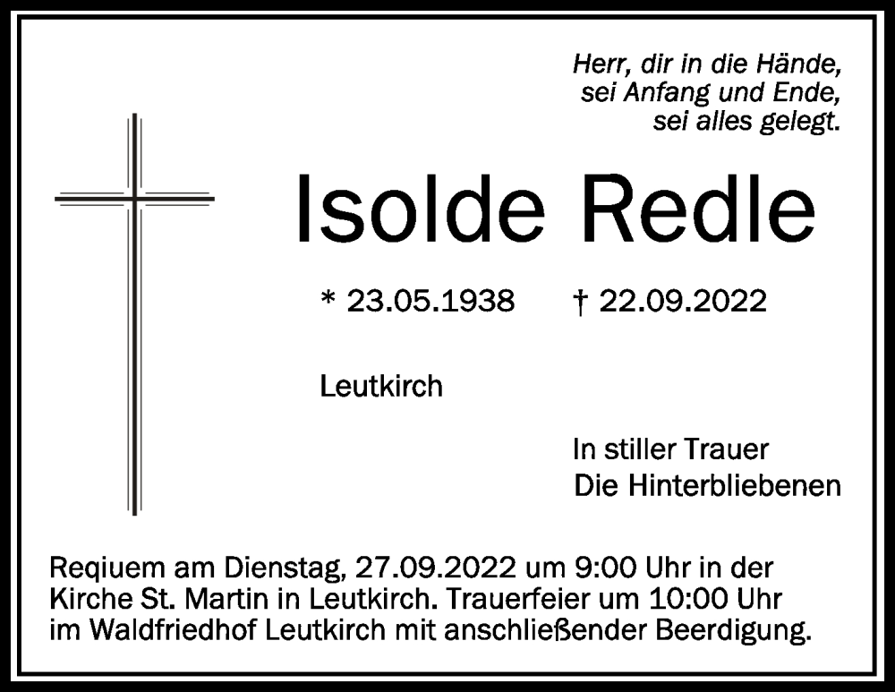  Traueranzeige für Isolde Redle vom 24.09.2022 aus Schwäbische Zeitung