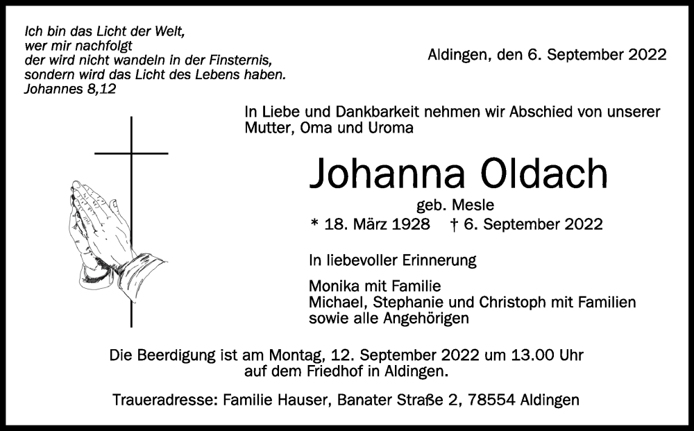  Traueranzeige für Johanna Oldach vom 09.09.2022 aus Schwäbische Zeitung