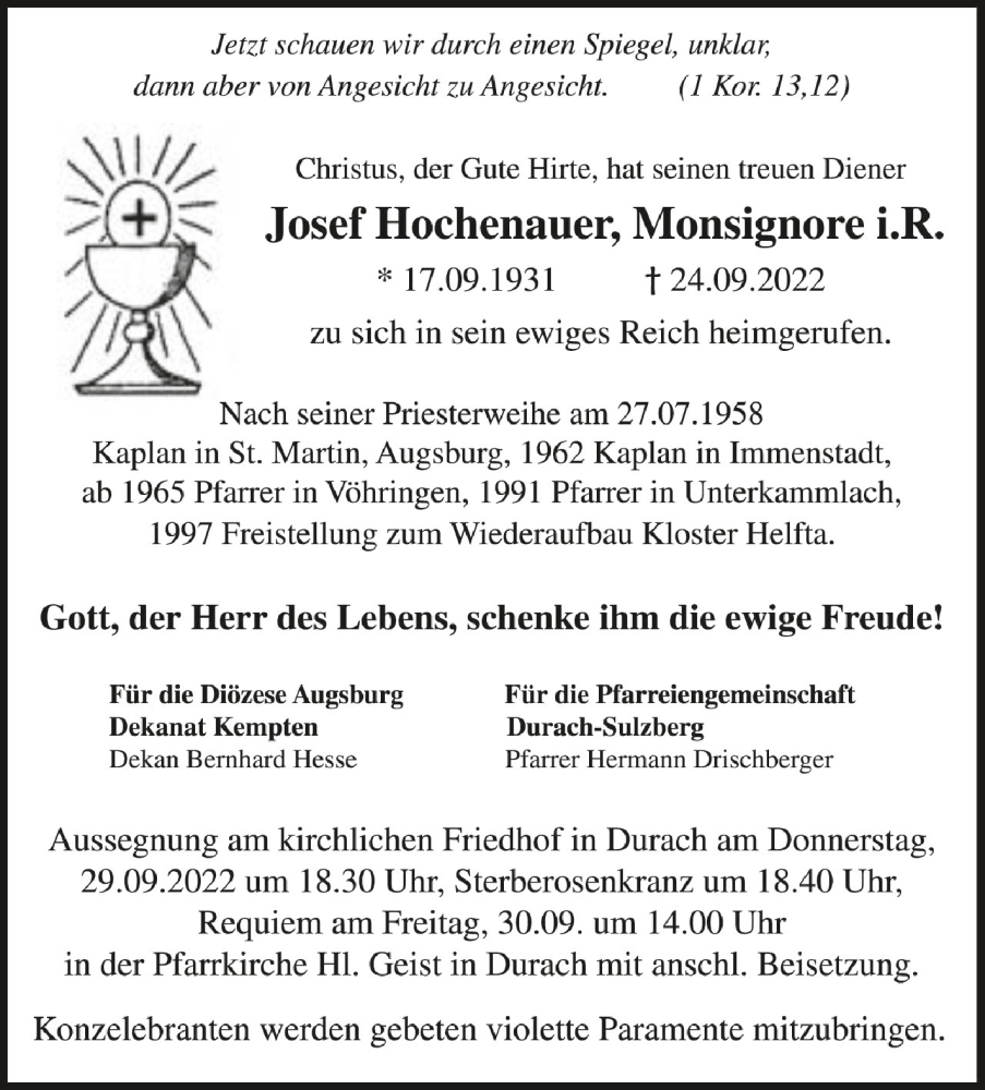  Traueranzeige für Josef Hochenauer vom 28.09.2022 aus Schwäbische Zeitung