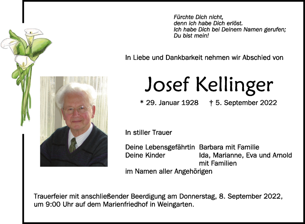  Traueranzeige für Josef Kellinger vom 07.09.2022 aus Schwäbische Zeitung