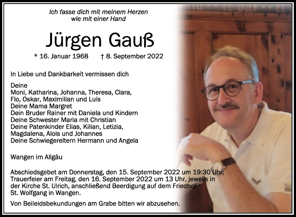  Traueranzeige für Jürgen Gauß vom 13.09.2022 aus Schwäbische Zeitung