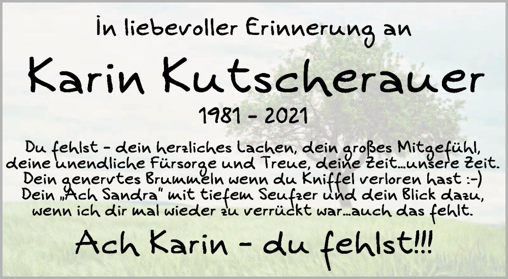  Traueranzeige für Karin Kutscherauer vom 08.09.2022 aus Schwäbische Zeitung