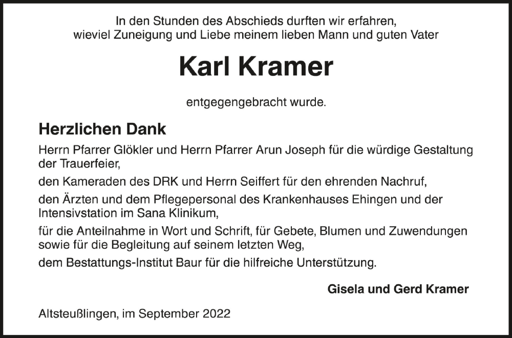  Traueranzeige für Karl Kramer vom 10.09.2022 aus Schwäbische Zeitung