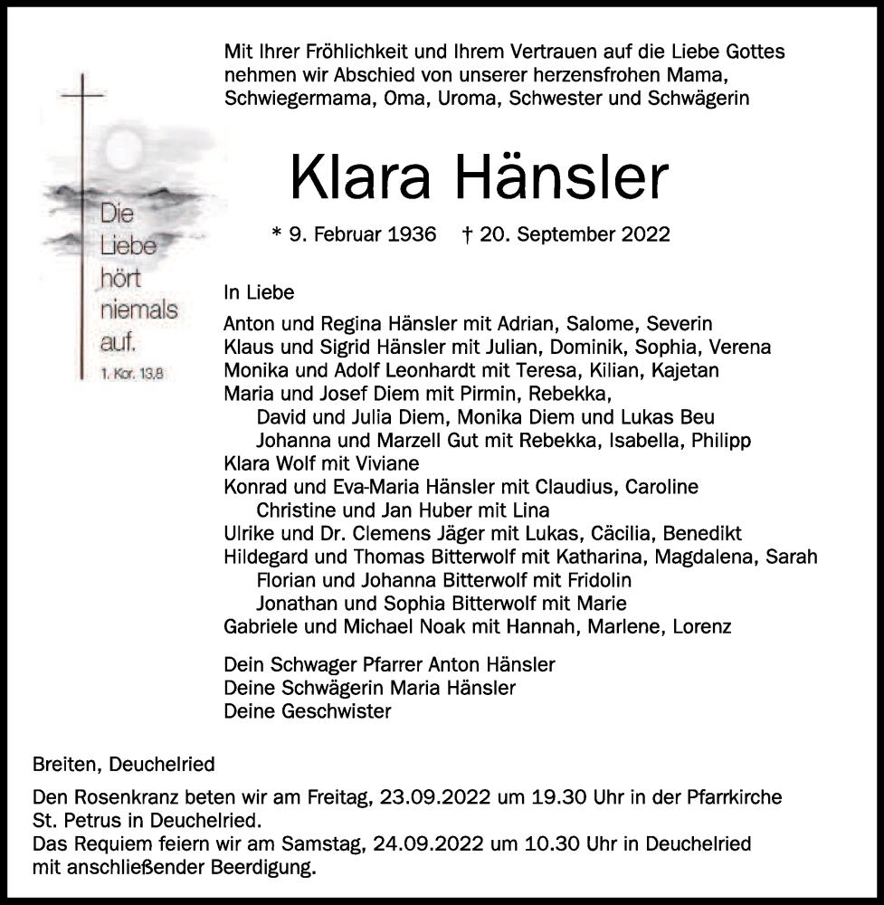  Traueranzeige für Klara Hänsler vom 22.09.2022 aus Schwäbische Zeitung