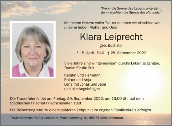 Anzeige von Klara Leiprecht von Schwäbische Zeitung