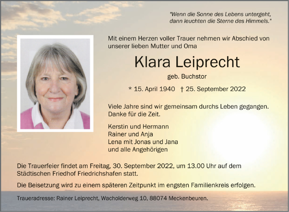  Traueranzeige für Klara Leiprecht vom 28.09.2022 aus Schwäbische Zeitung