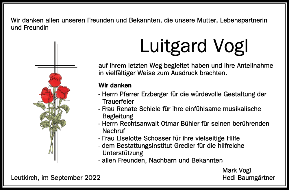  Traueranzeige für Luitgard Vogl vom 24.09.2022 aus Schwäbische Zeitung