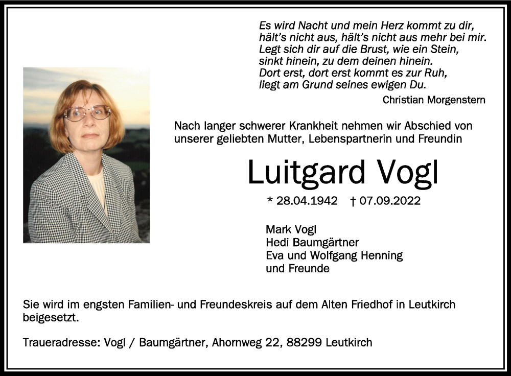  Traueranzeige für Luitgard Vogl vom 14.09.2022 aus Schwäbische Zeitung