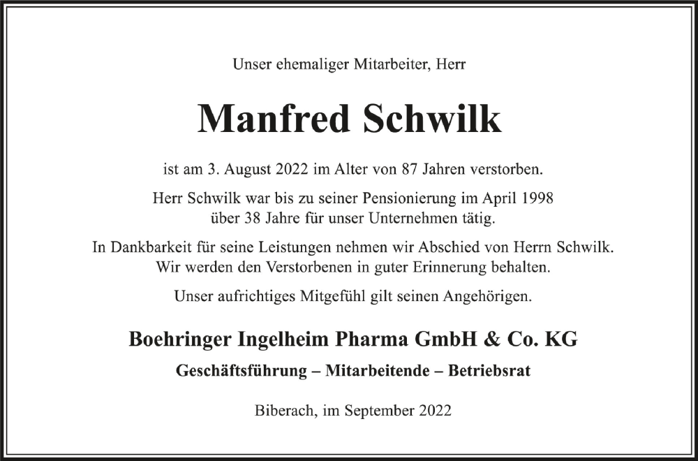  Traueranzeige für Manfred Schwilk vom 03.09.2022 aus Schwäbische Zeitung