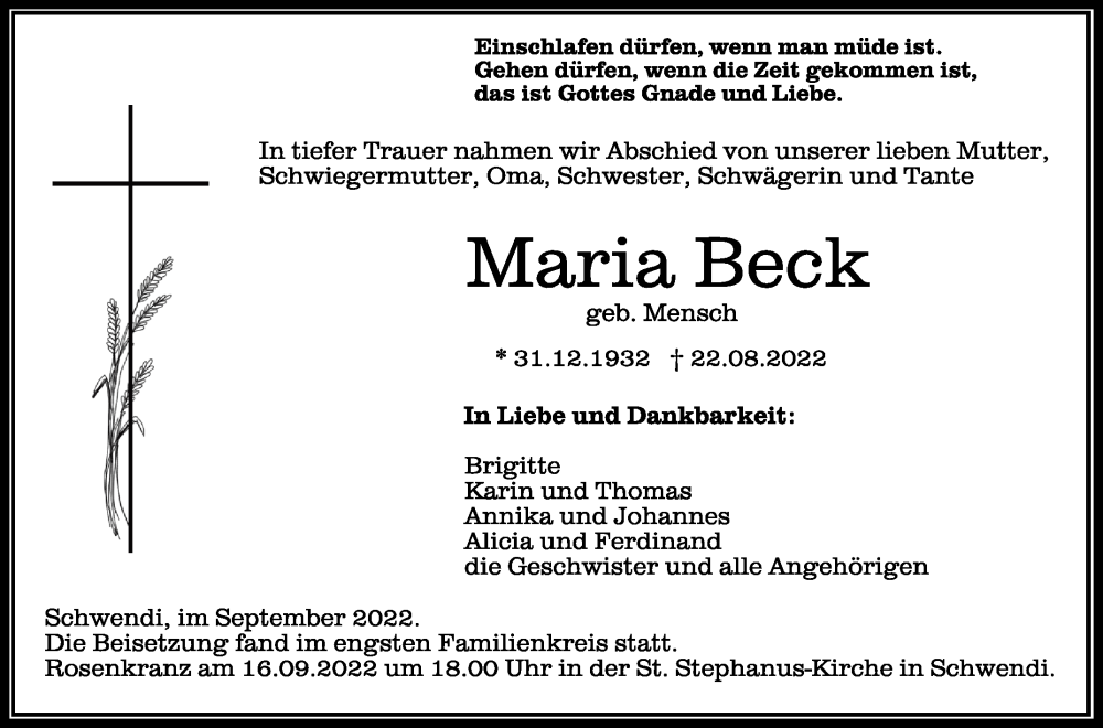  Traueranzeige für Maria Beck vom 14.09.2022 aus Schwäbische Zeitung