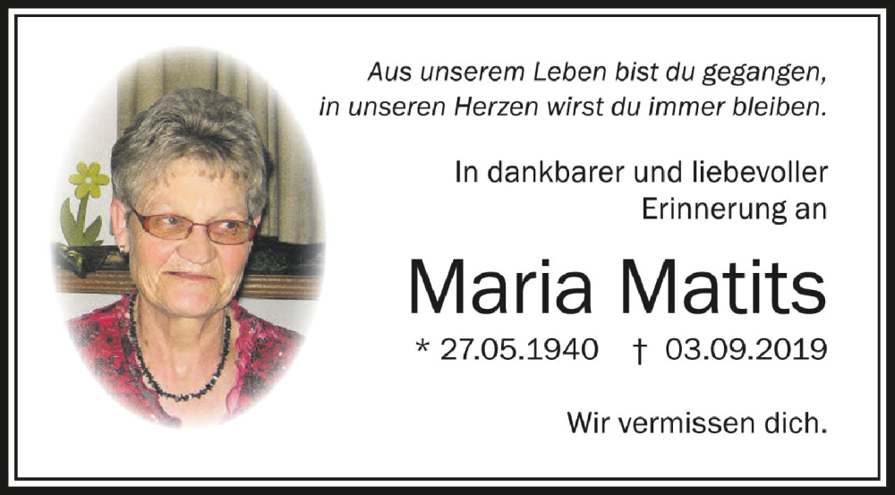  Traueranzeige für Maria Matits vom 03.09.2022 aus Schwäbische Zeitung
