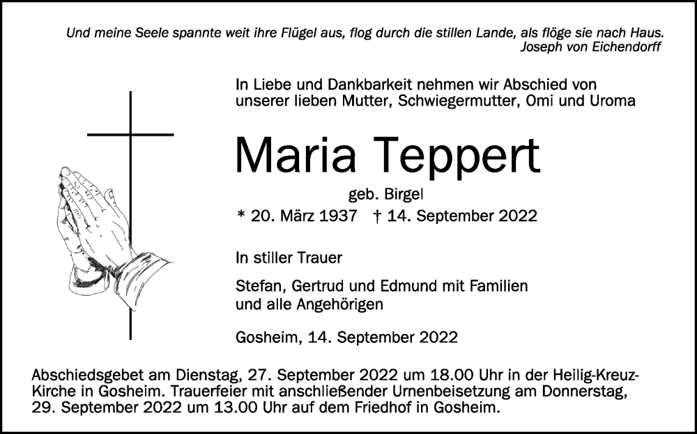  Traueranzeige für Maria Teppert vom 24.09.2022 aus Schwäbische Zeitung