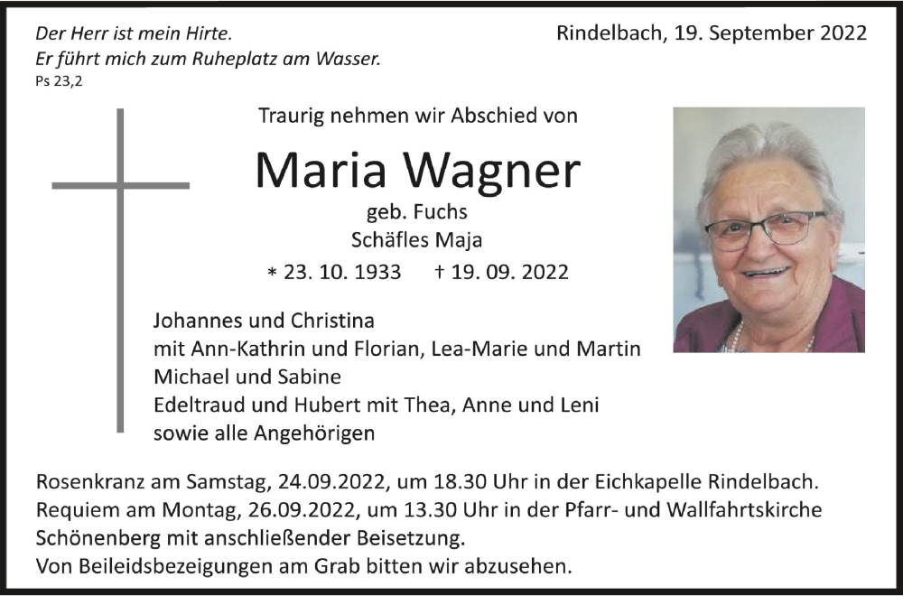  Traueranzeige für Maria Wagner vom 22.09.2022 aus Schwäbische Zeitung