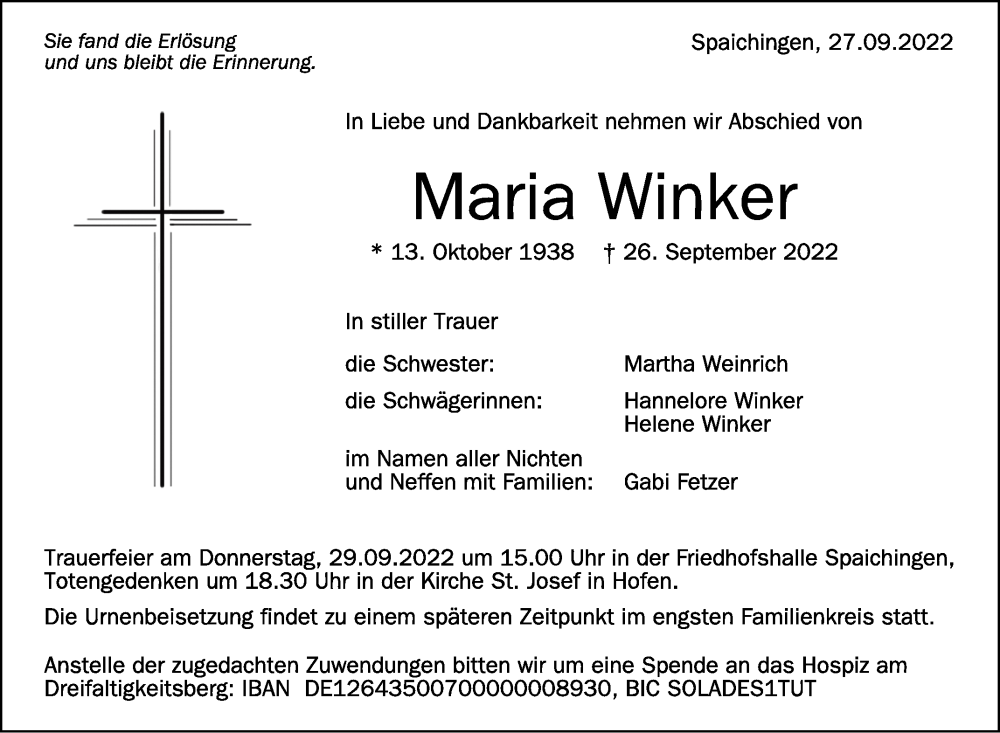  Traueranzeige für Maria Winker vom 28.09.2022 aus Schwäbische Zeitung
