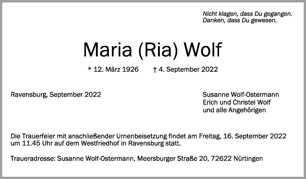  Traueranzeige für Maria Wolf vom 10.09.2022 aus Schwäbische Zeitung