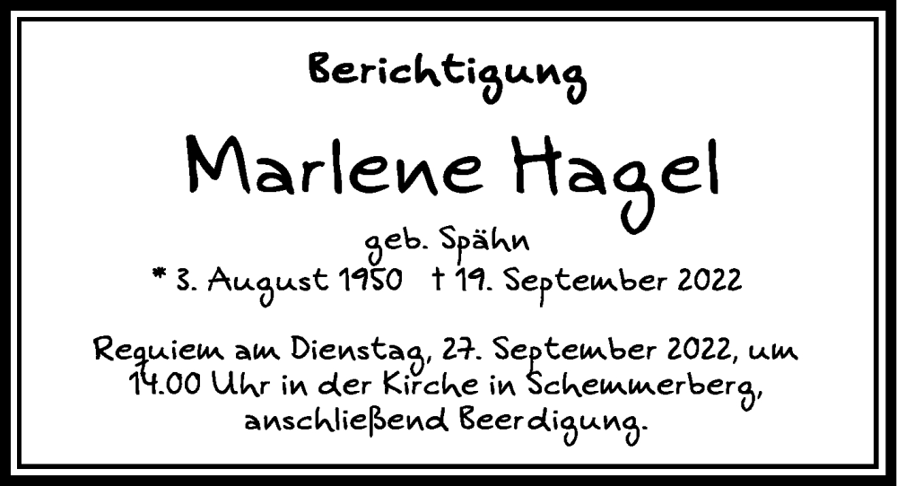  Traueranzeige für Marlene Hagel vom 24.09.2022 aus Schwäbische Zeitung