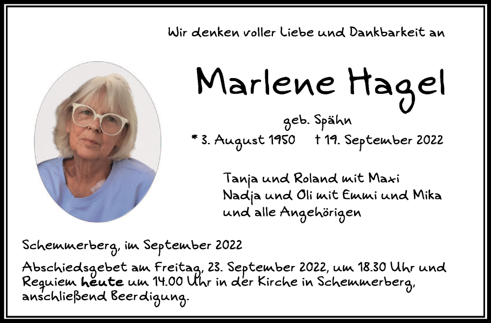  Traueranzeige für Marlene Hagel vom 23.09.2022 aus Schwäbische Zeitung