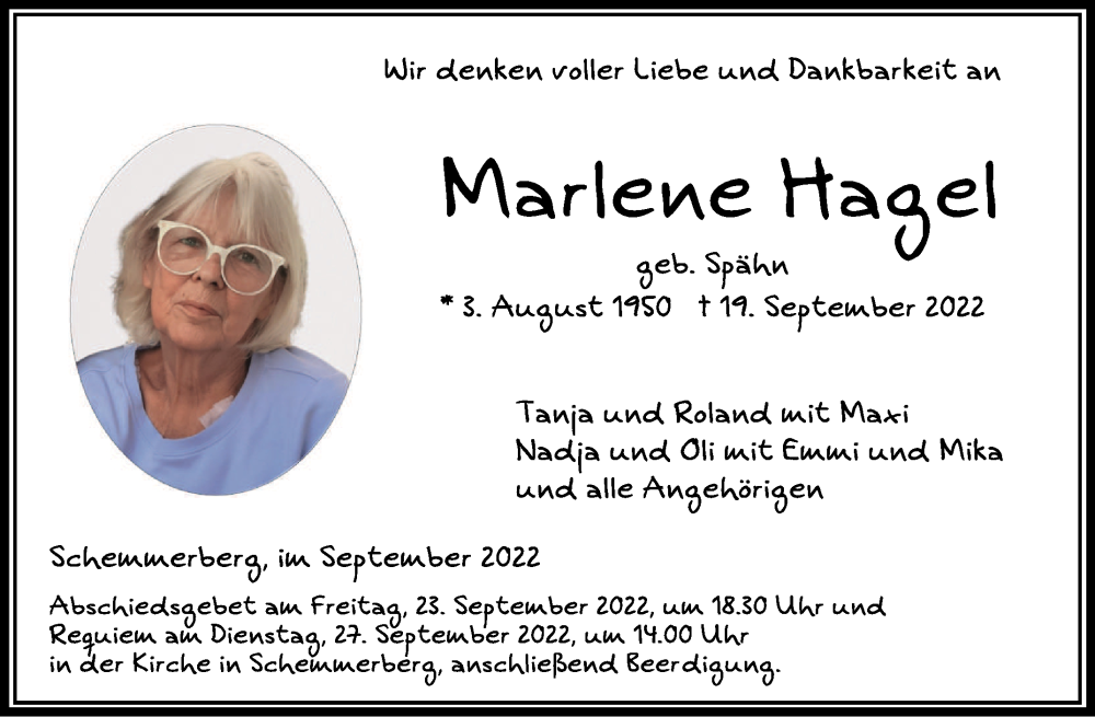  Traueranzeige für Marlene Hagel vom 22.09.2022 aus Schwäbische Zeitung
