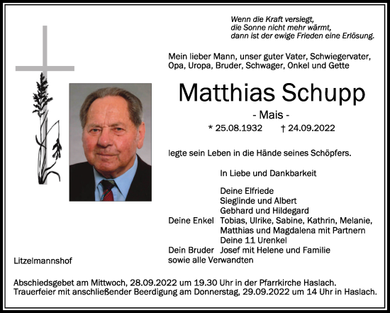 Anzeige von Matthias Schupp von Schwäbische Zeitung