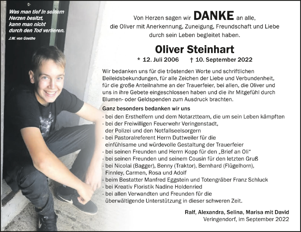  Traueranzeige für Oliver Steinhart vom 29.09.2022 aus Schwäbische Zeitung